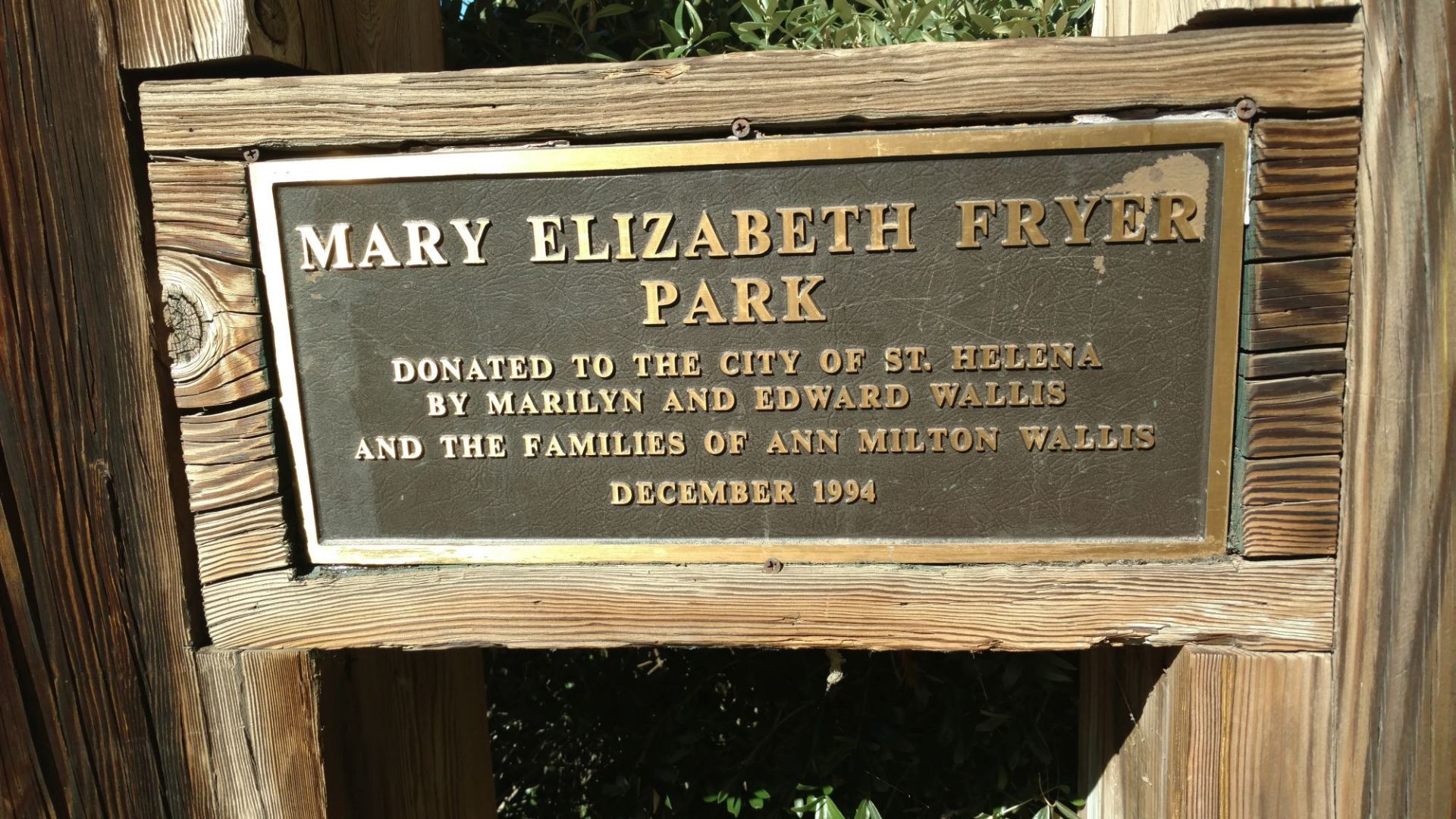 Plaque at Mary Elizabeth Fryer Park
